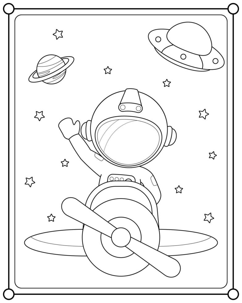 lindo astronauta montando un avión en el espacio adecuado para la ilustración de vector de página de color de los niños