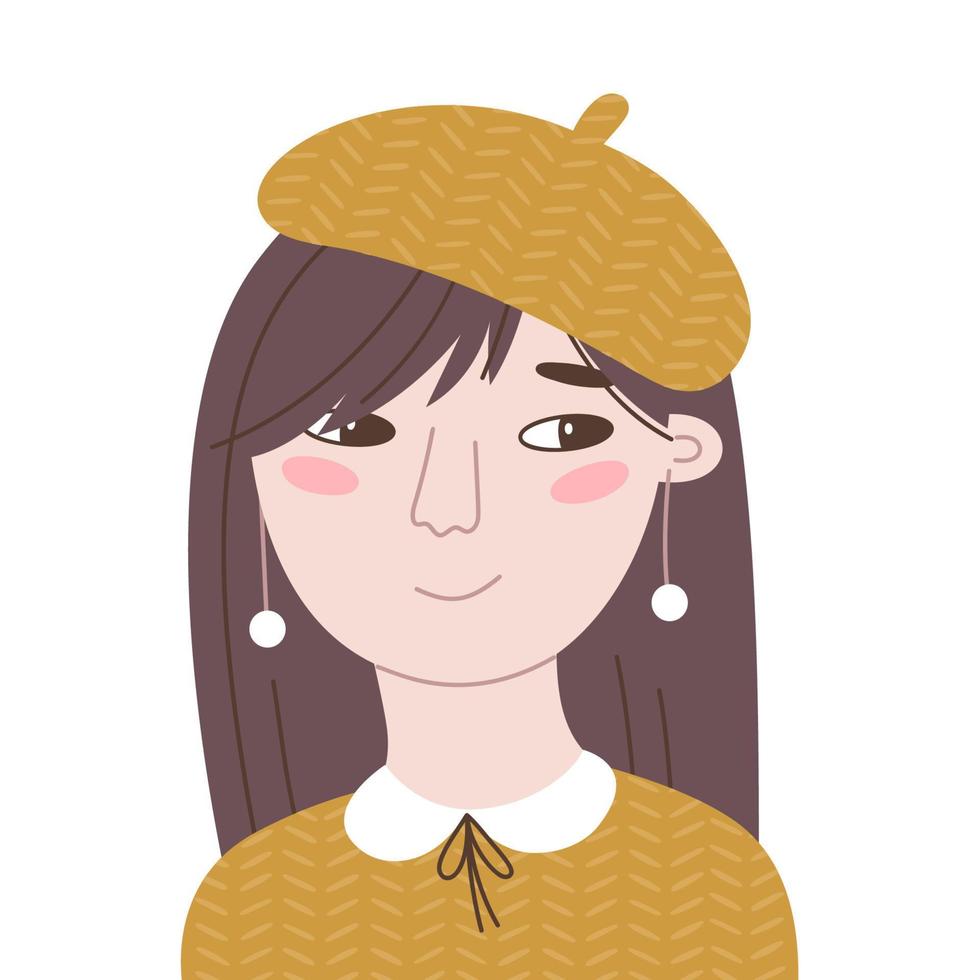Portrait of a cute smiling Asian girl with long hair. Vector flat illustration of a young woman in a beret. Old fashioned lady on white background. Hand drawn cartoon avatar for social network.
