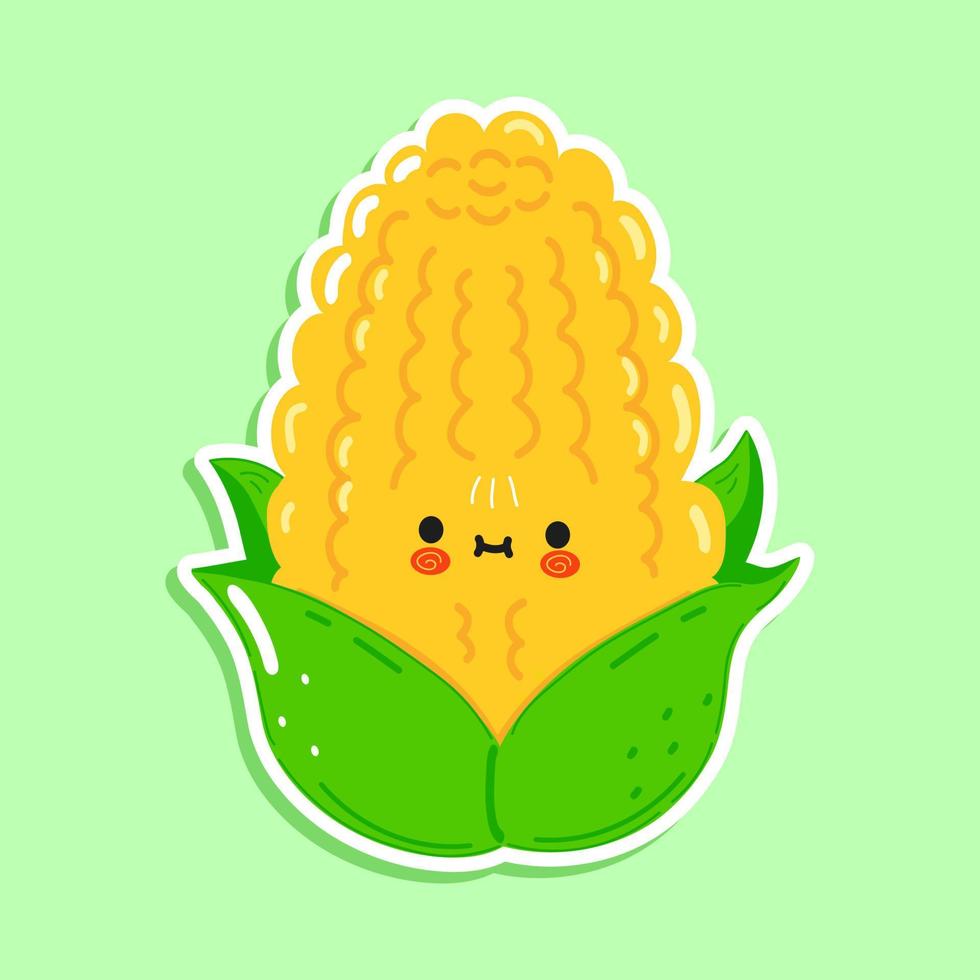 Cute funny corn sticker character. Vector hand drawn cartoon kawaii character illustration icon. Isolated on green background. Corn character sticker concept