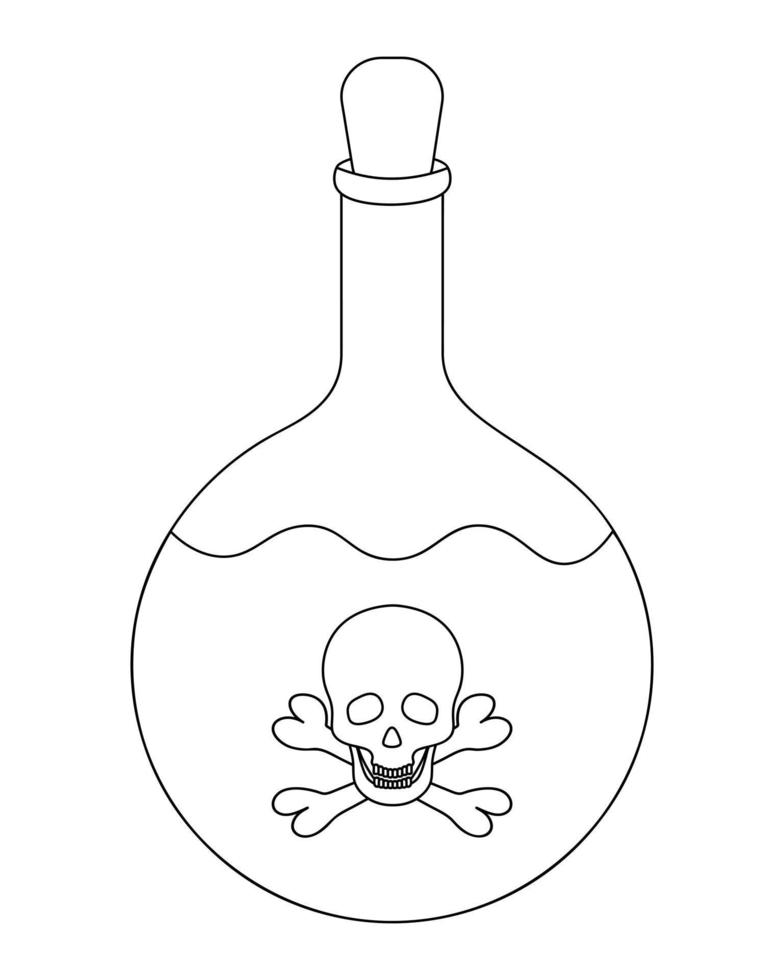 Poison bottle. The emblem on the bottle is skull and bones. sketch. A miraculous drink. Witch potion in a bottle. The vessel is tight closed with a traffic jam. Doodle style. Halloween symbol. vector