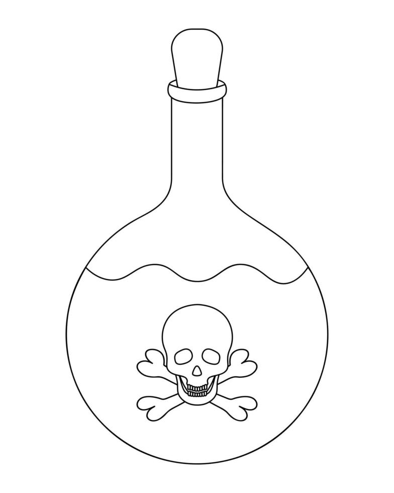 Poison bottle. The emblem on the bottle is skull and bones. sketch. A miraculous drink. Witch potion in a bottle. The vessel is tight closed with a traffic jam. Doodle style. Halloween symbol. vector