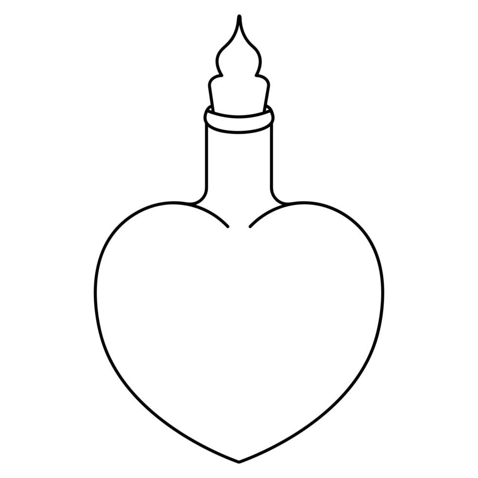 A bottle of love potion. Heart shaped vessel. Sketch. A miraculous drink. Witch broth in a bottle. Doodle style. Halloween symbol. Decoration for All Saints Day. vector