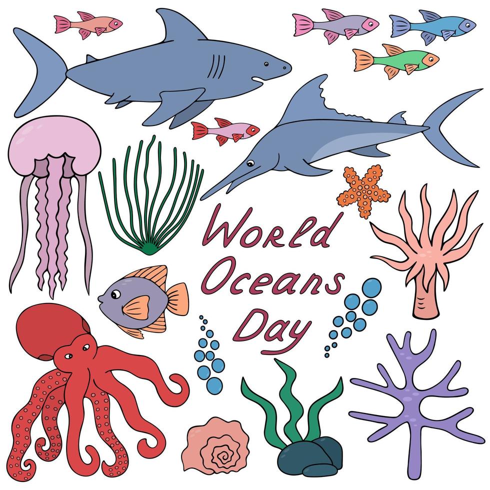 Sea creatures. Color vector illustration collection. Ocean dwellers. Undersea world. Shark, reef, jellyfish. Cartoon style. Isolated background. Idea for web design.