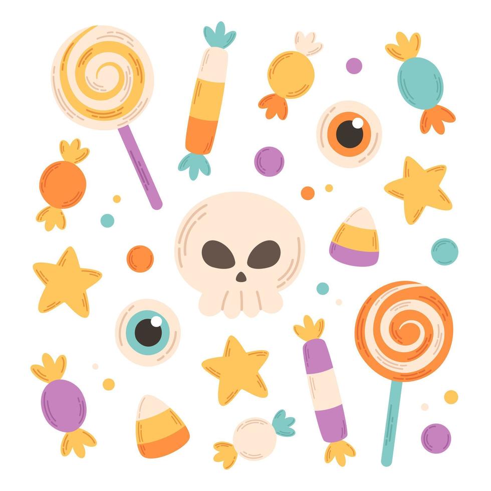 Collection of Halloween sweets, candies, candy corn, lollipops, scary eyes and skull. Happy Halloween elements. Trick or treat. vector