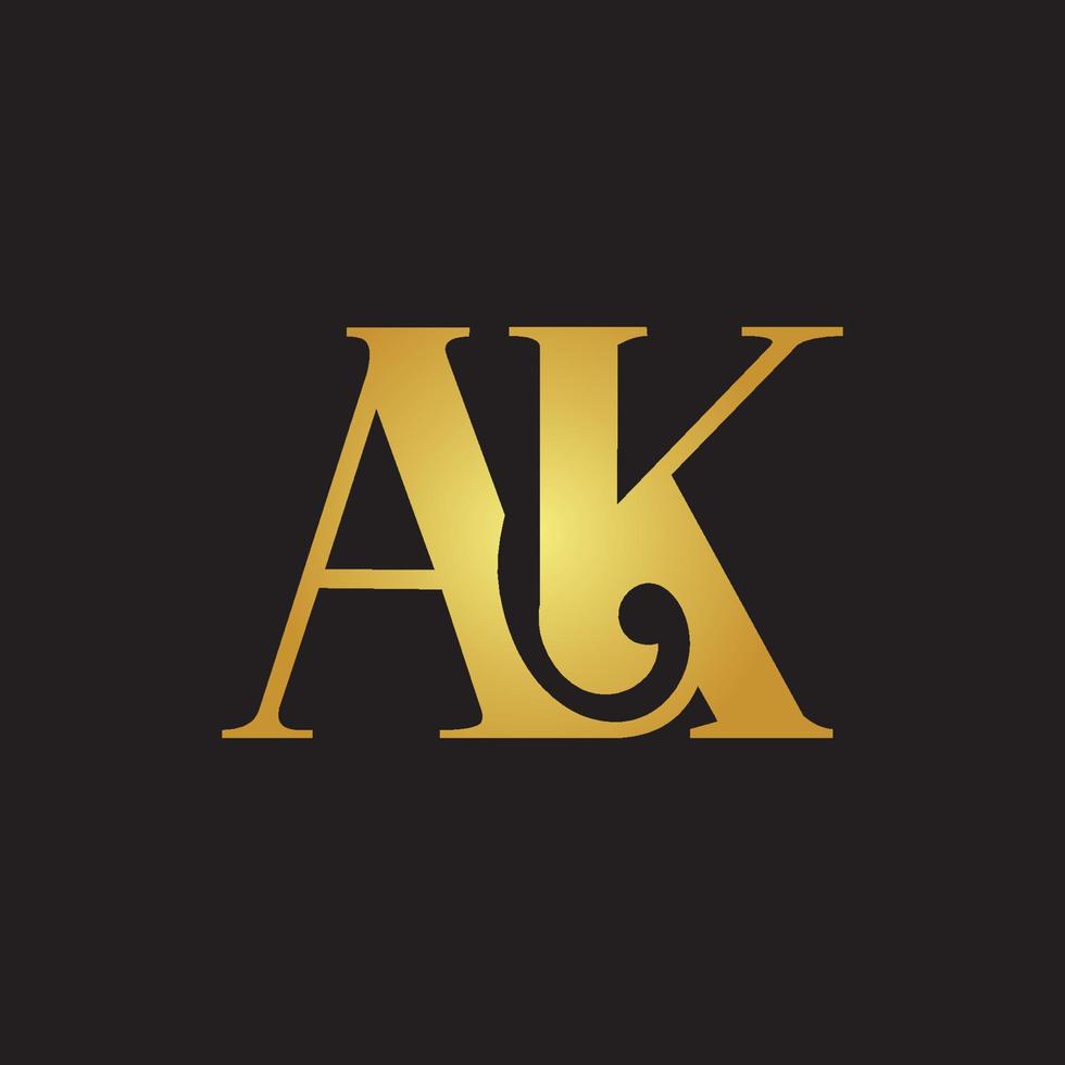 diseño del logotipo de la letra inicial ak. ak letter logo design color dorado sobre fondo negro plantilla de vector libre.