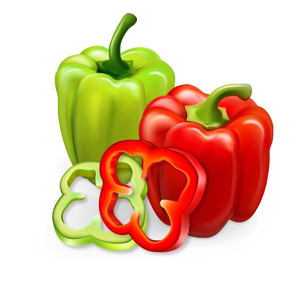 Realistic vector. Red and green paprika. Whole peppers and slices. 3d illustration vector