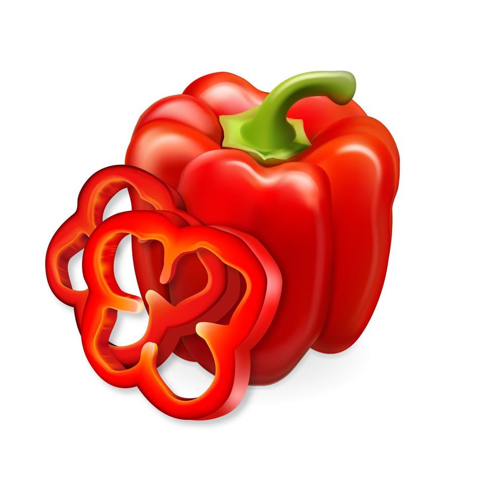 Realistic vector. Red paprika. Whole peppers and slices. 3d illustration vector