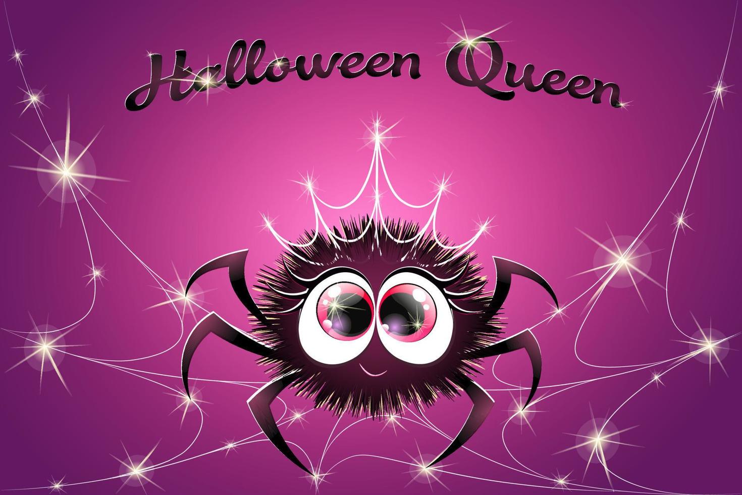Cute cartoon fluffy little spider queen in shiny web crown, sitting on spiderweb with stars vector