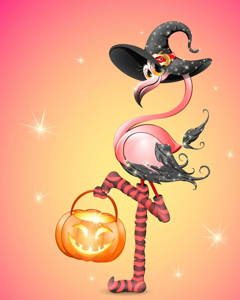 Cartoon pink flamingo in shiny witch Halloween costume with funny socks and pumpkin with scared face vector