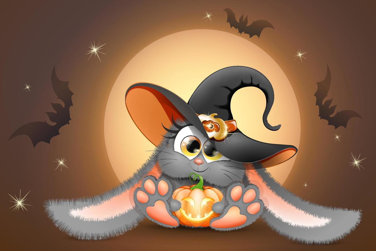 lindo conejito gris de dibujos animados esponjoso en sombrero de bruja con calabaza divertida de halloween en sus patas en el fondo de luna llena vector