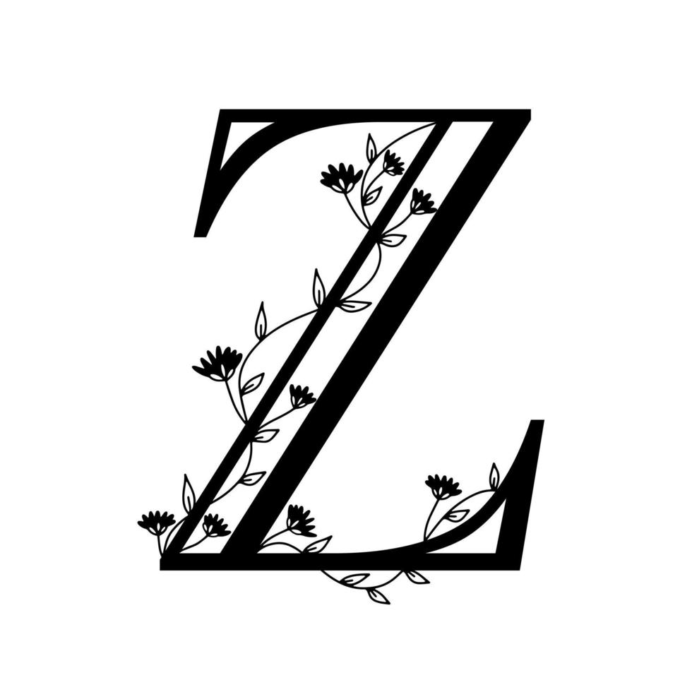 Floral botanical alphabet. Vintage hand drawn monogram letter Z. Letter with plants and flowers. Vector lettering isolated on white