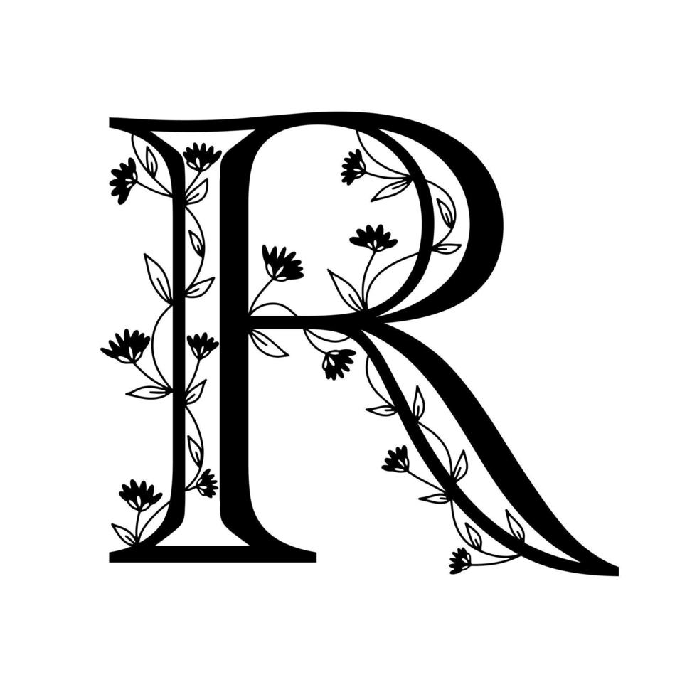 Floral botanical alphabet. Vintage hand drawn monogram letter R. Letter with plants and flowers. Vector lettering isolated on white