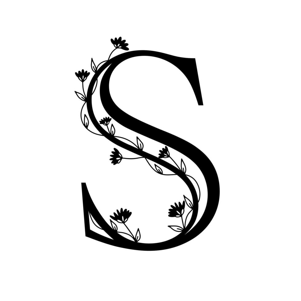 Floral botanical alphabet. Vintage hand drawn monogram letter S. Letter with plants and flowers. Vector lettering isolated on white