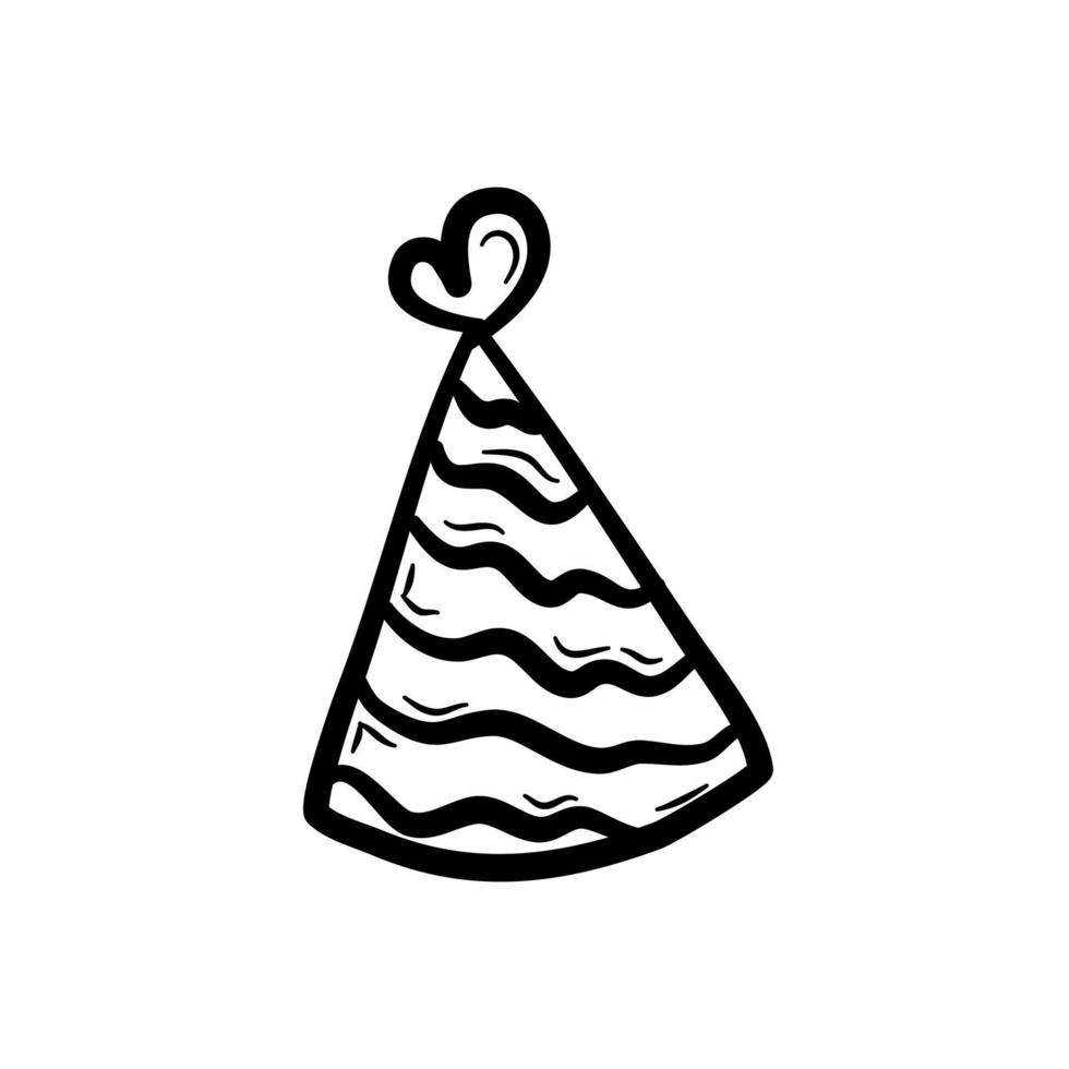 Hand drawn party hat.  Conical birthday hat with stripes and heart.  Flat vector illustration in doodle style.