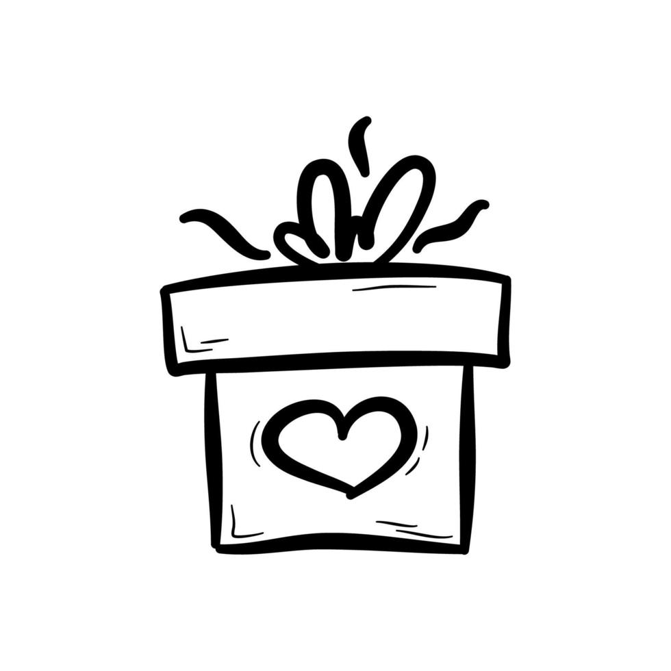 Hand drawn gift box with bow and heart.  Holiday present, design element for party, celebration.  Flat vector illustration in doodle style.