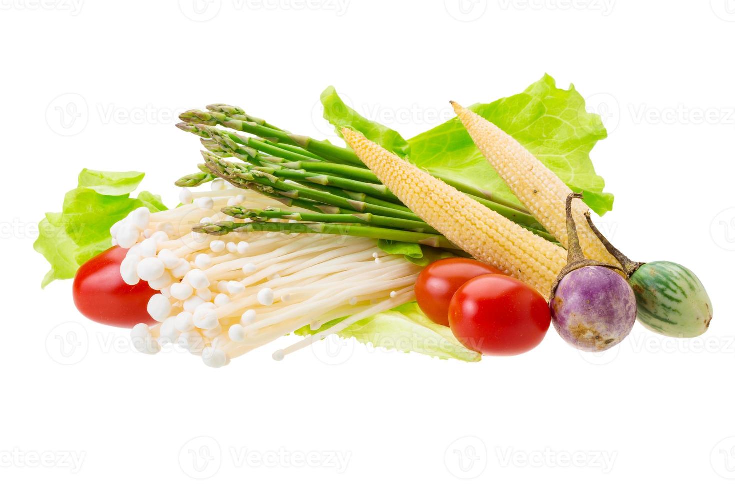 Japan mushroom, asparagus, egg-plant, baby-corn and salad photo