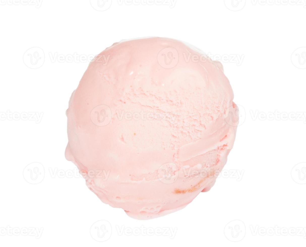 Scoop of strawberry ice cream from top on white background photo