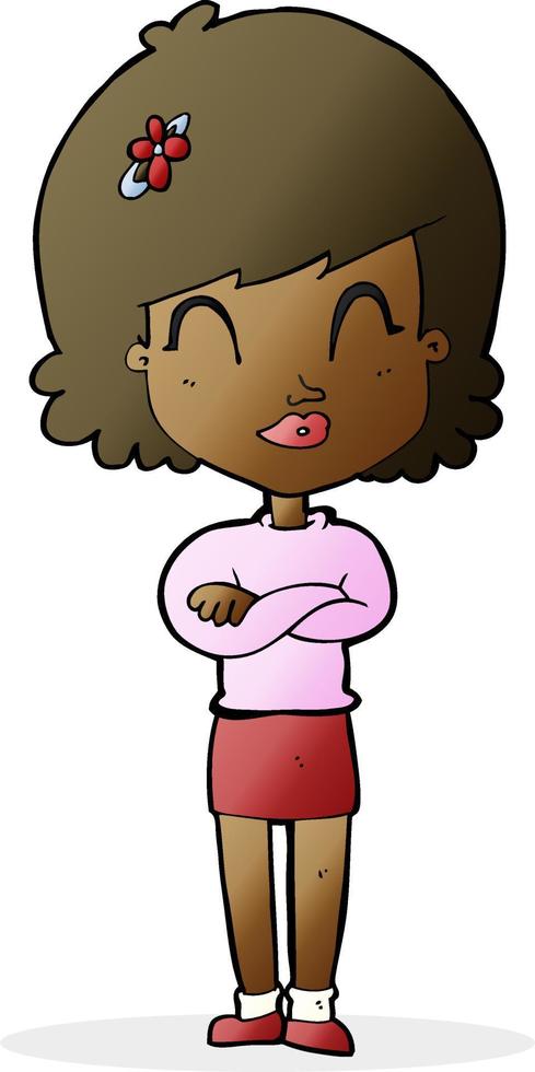 cartoon happy woman with folded arms vector