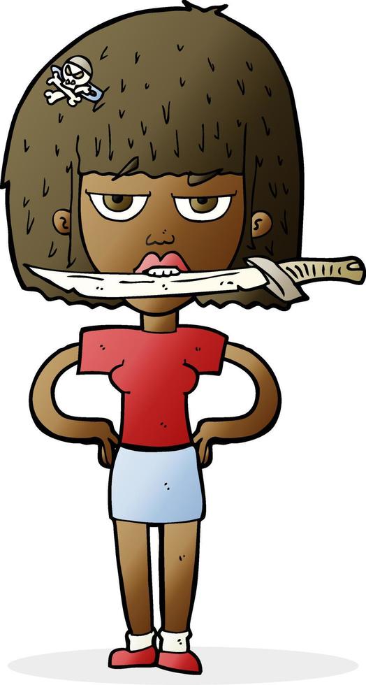 cartoon woman with knife between teeth vector