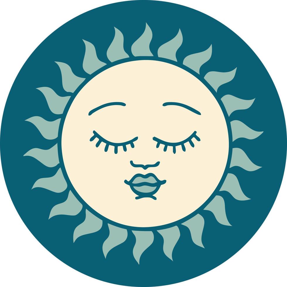 icono de estilo tatuaje de un sol con cara vector