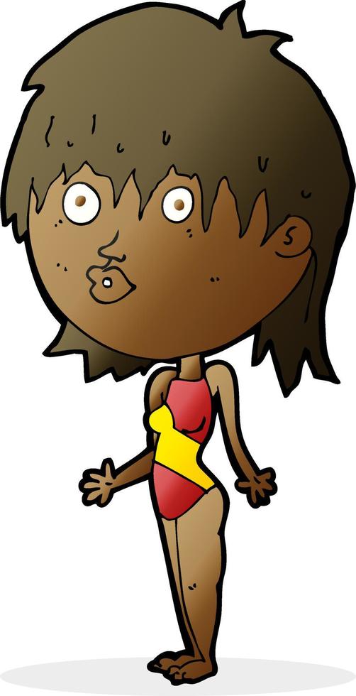 cartoon woman in swimsuit shrugging shoulders vector