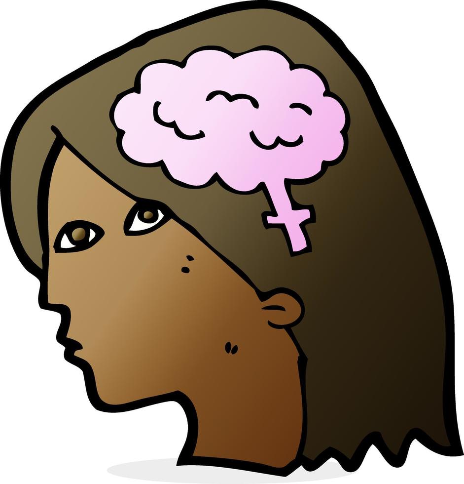 caricatura, cabeza femenina, con, cerebro, símbolo vector