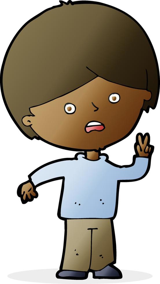 cartoon unhappy boy giving peace sign vector