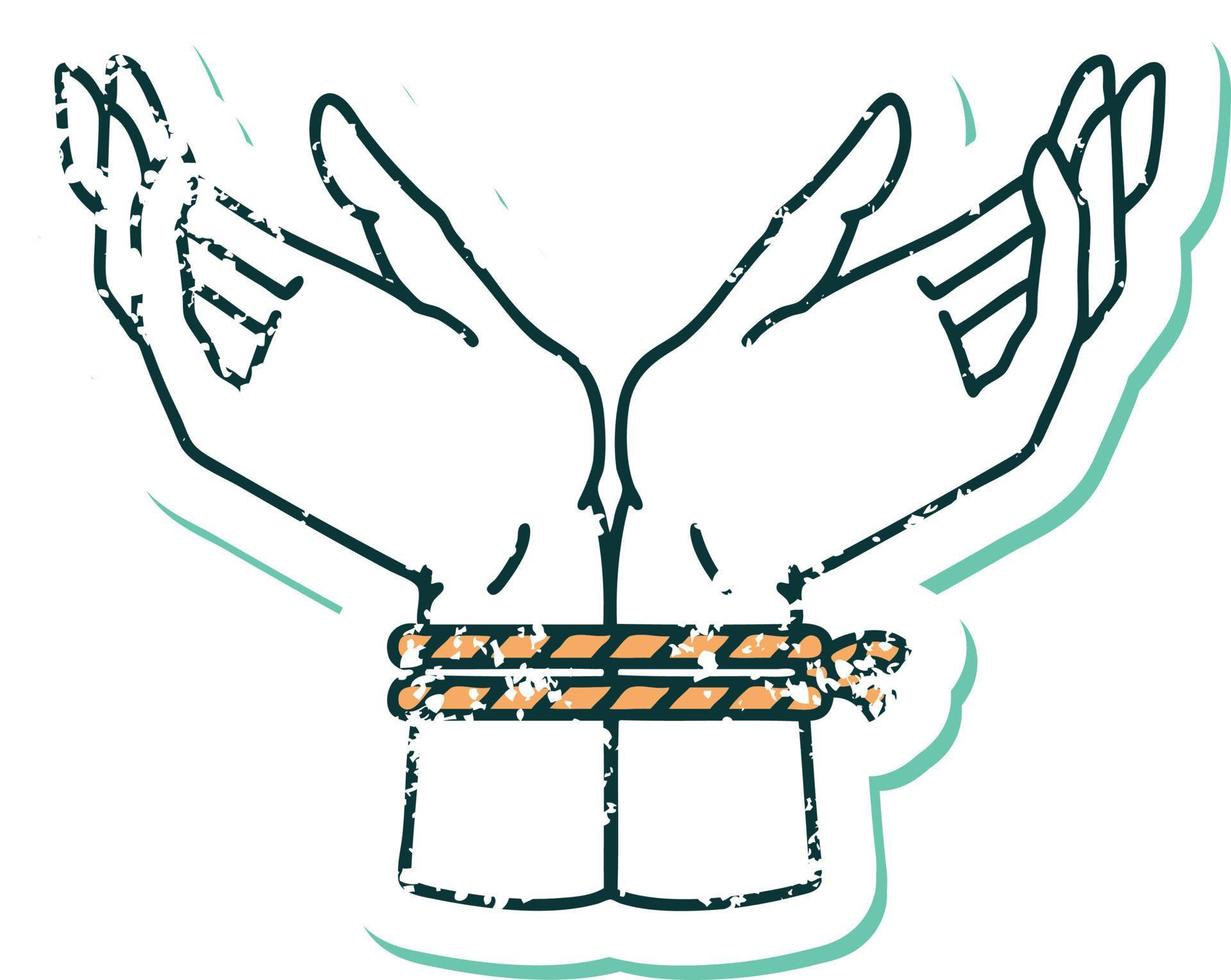 iconic distressed sticker tattoo style image of a pair of tied hands vector