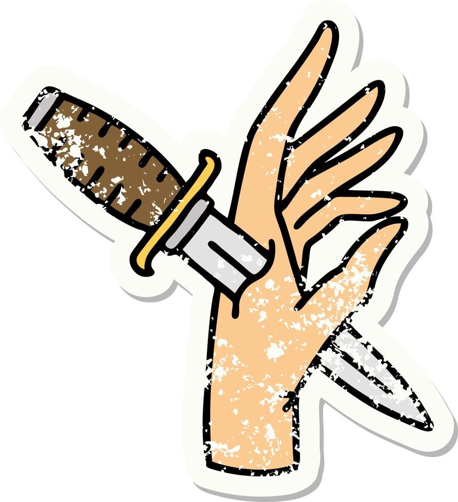 distressed sticker tattoo in traditional style of a dagger in the hand vector