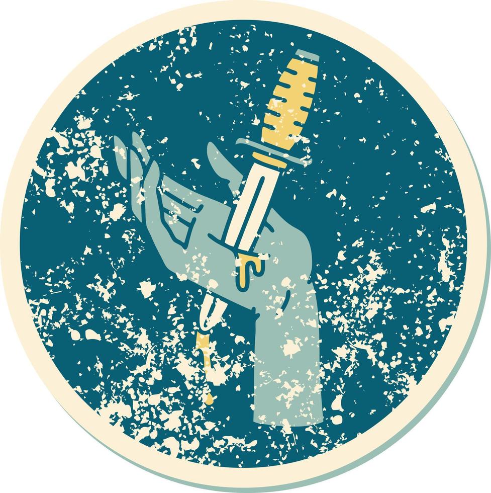 iconic distressed sticker tattoo style image of a dagger in the hand vector