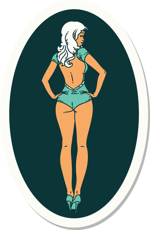 sticker of tattoo in traditional style of a pinup swimsuit girl vector