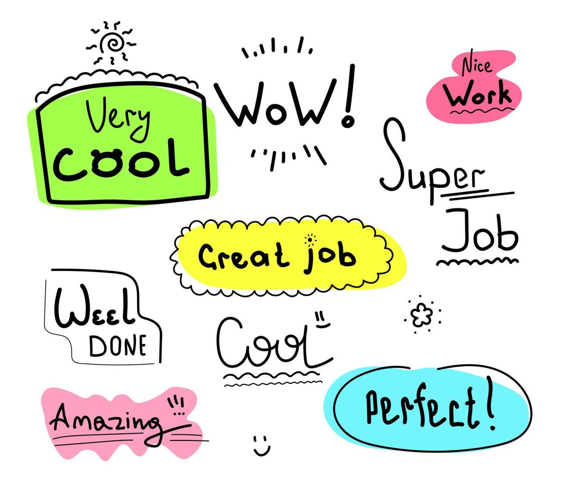 Work and great work stickers. School award, evaluation stamp. Student icon. Vector doodle illustration lettering