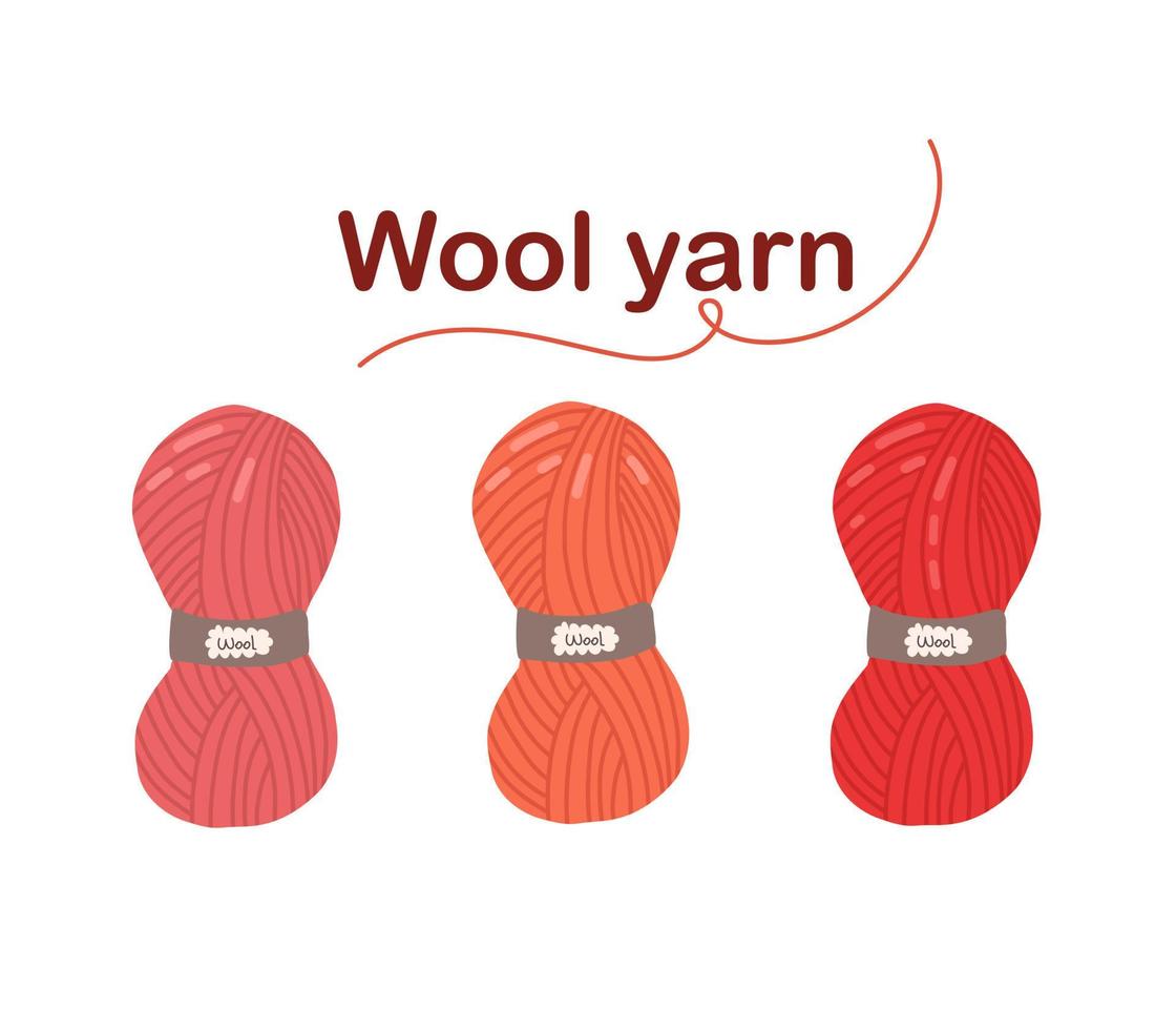 Set of balls of thread for knitting. Wool yarn. Red and pink skeins of thread. Women's hobby. vector