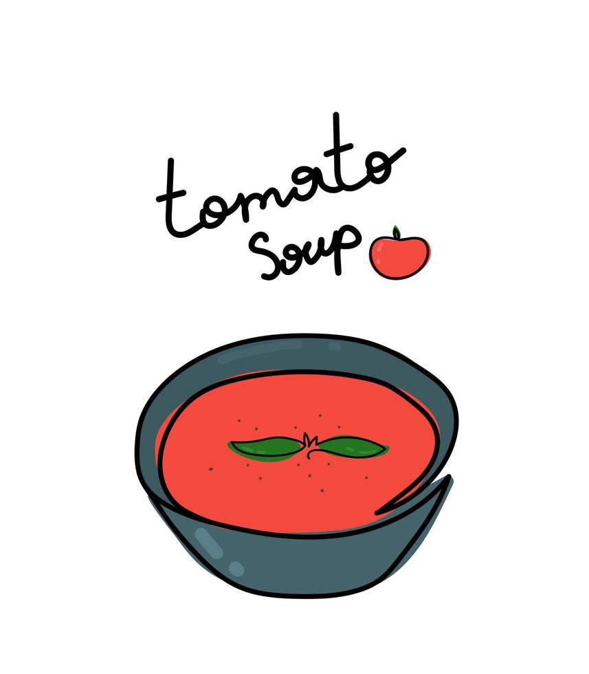 Tomato soup illustration. Blue plate with red soup. Puree soup illustration for menu, stickers, flyer, culinary public. vector