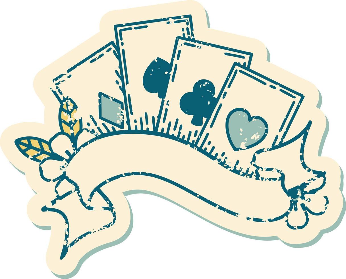 iconic distressed sticker tattoo style image of cards and banner vector