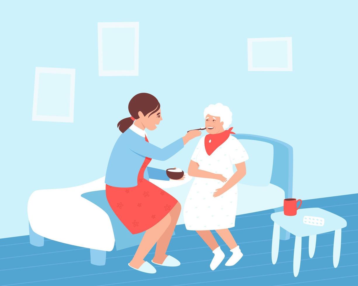 A nurse feeds an elderly woman in a nursing home or clinic vector