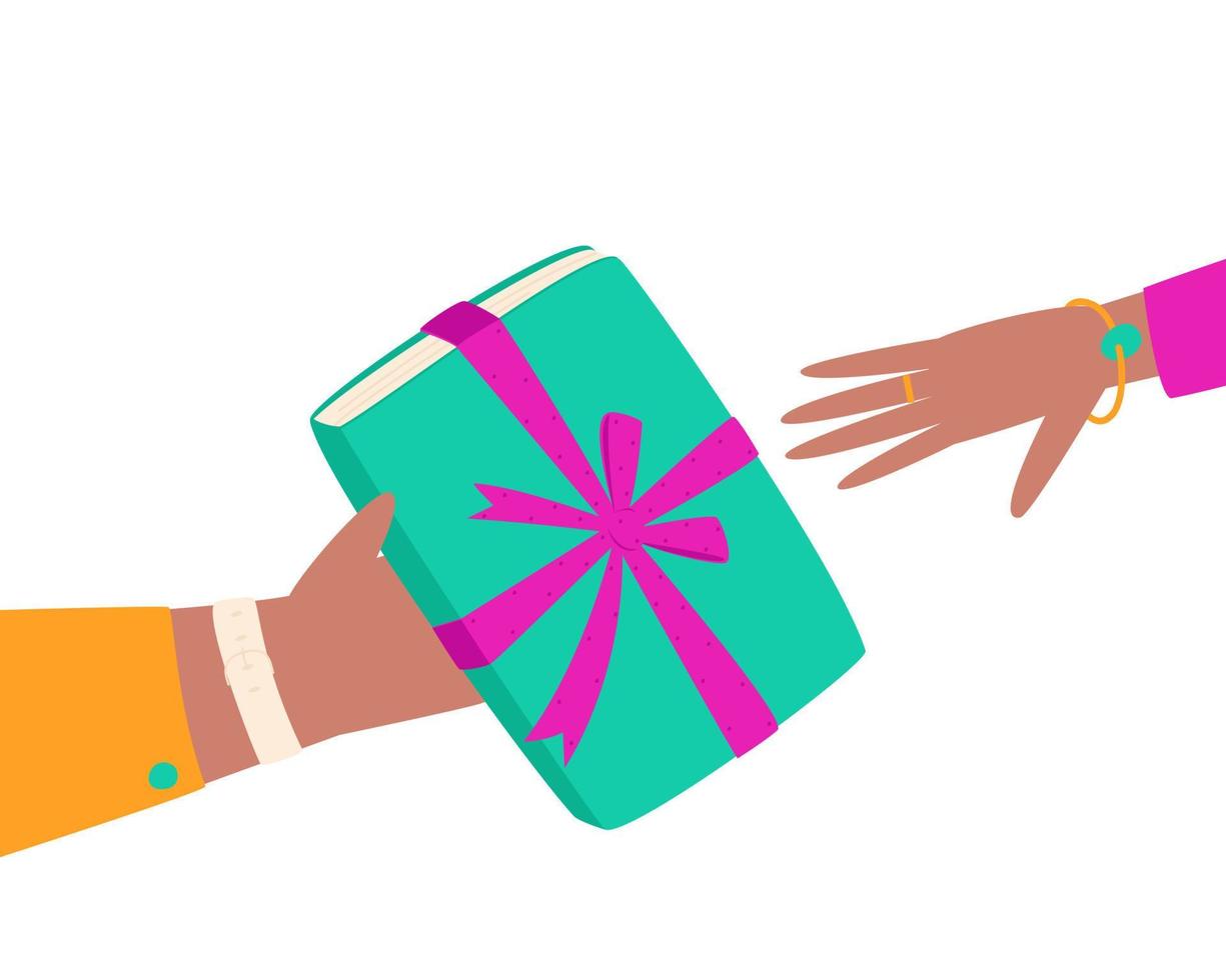 The hand gives a gift in the form of a book tied with a bow vector