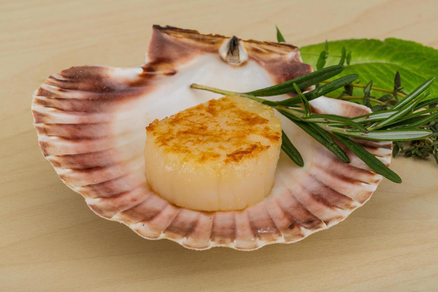 Grilled scallops on the plate and wooden background photo