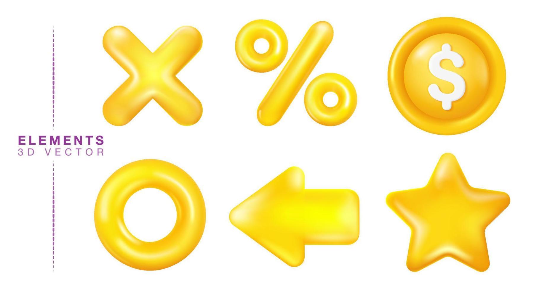 3D Element plastic icon set, dollar coin, multiplication sign, star, arrow, percentage sign, circle, used for work advertising. vector