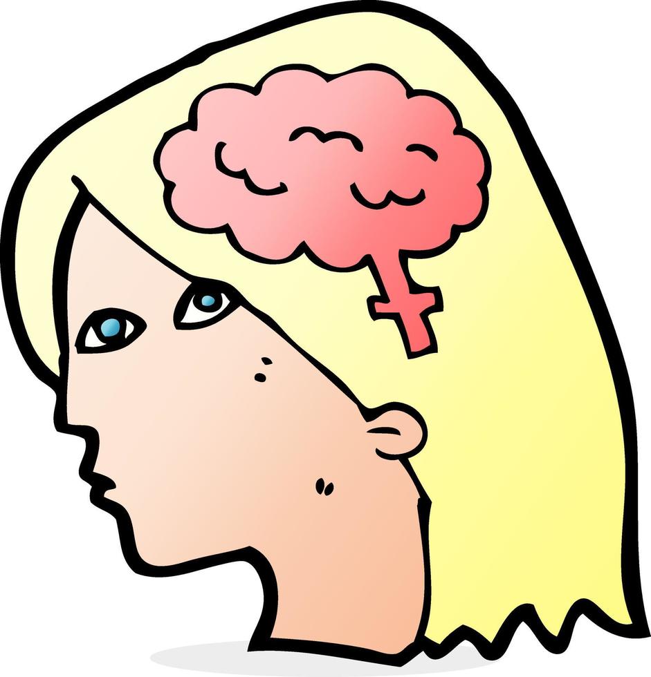 caricatura, cabeza femenina, con, cerebro, símbolo vector