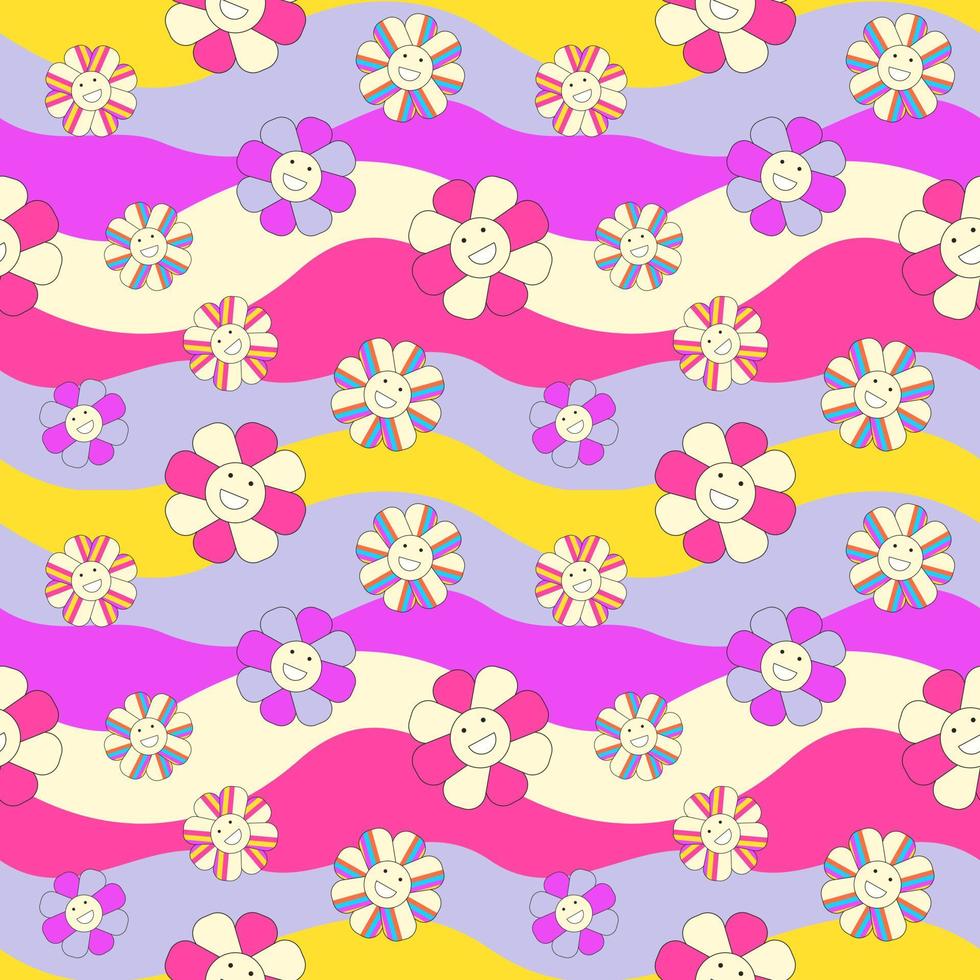 Seamless Pattern Y2k. Seamless vector with smiles and smiles on a background of waves with bright colors. 2000s style pattern for package or fabric print.