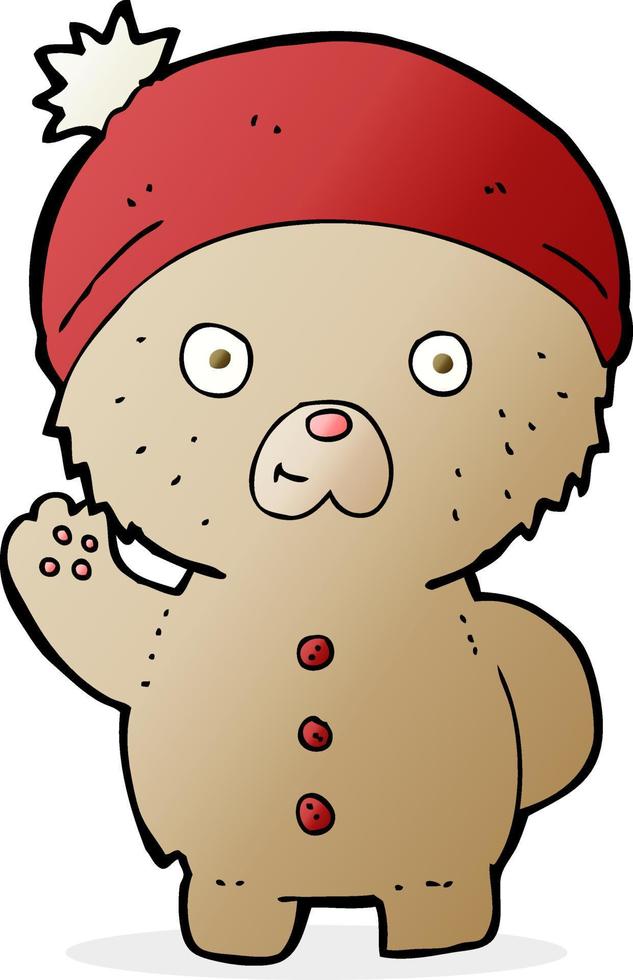 cartoon waving teddy bear in winter hat vector