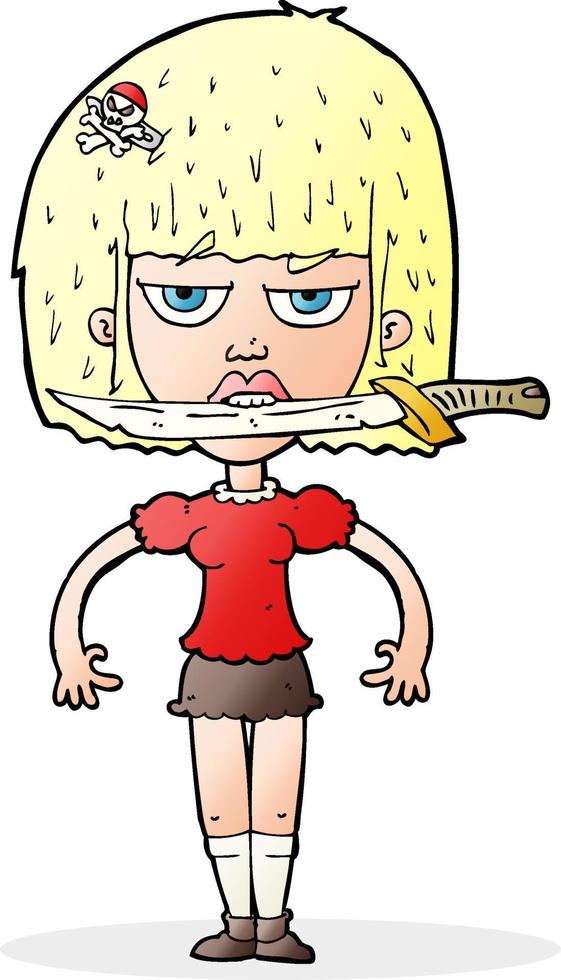 cartoon woman with knife between teeth vector