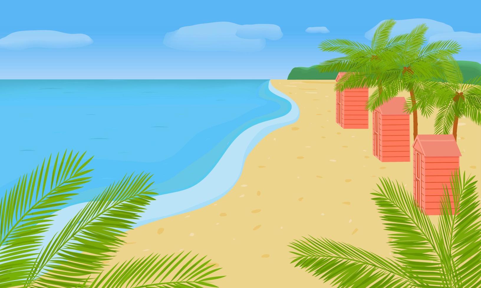 paisaje con la costa del mar, palmeras, casas. ilustración brillante de verano sobre el tema de los viajes y el ocio. vector