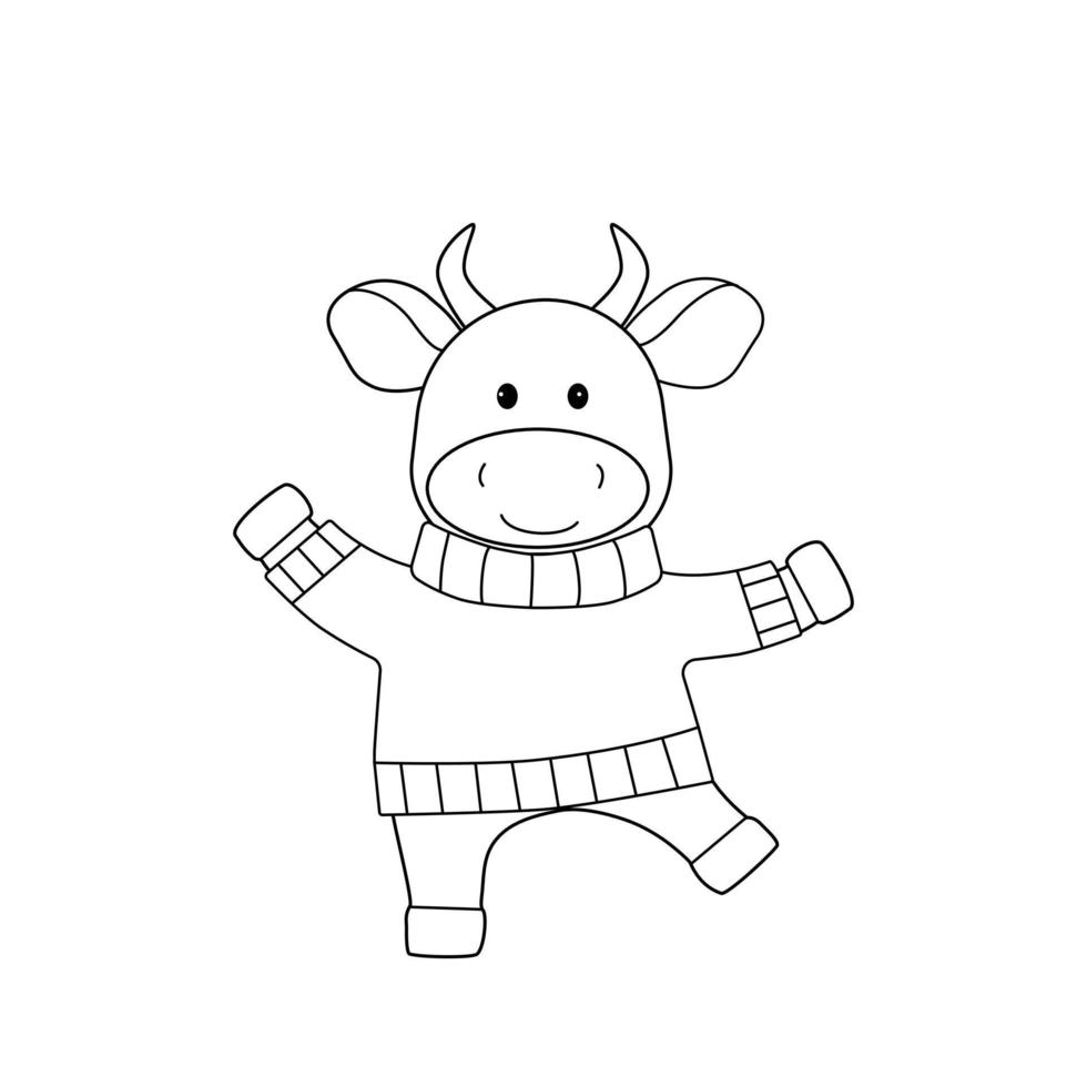 Dancing bull in a sweater. Black outline, sketch, simple silhouette of a cute animal. vector