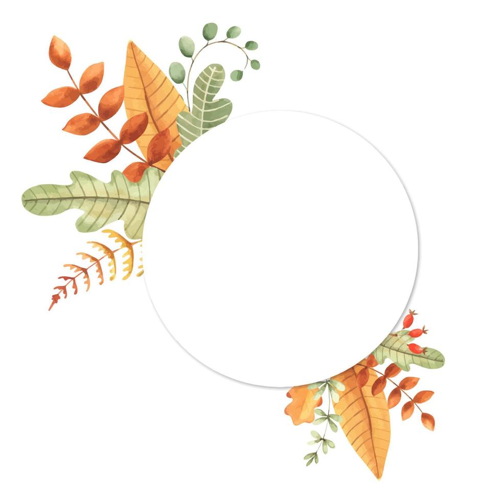 Autumn leaves watercolor frame and border. Hand drawn watercolor illustration. Frame with fall leaves and berries. Forest design elements vector