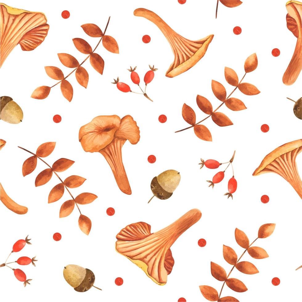 Autumn watercolor seamless pattern with chanterelles, dogrose, acorns and autumn leaves. Hand painted illustration. Watercolor wrapping paper, pattern fills, Thanksgiving, web page background. vector