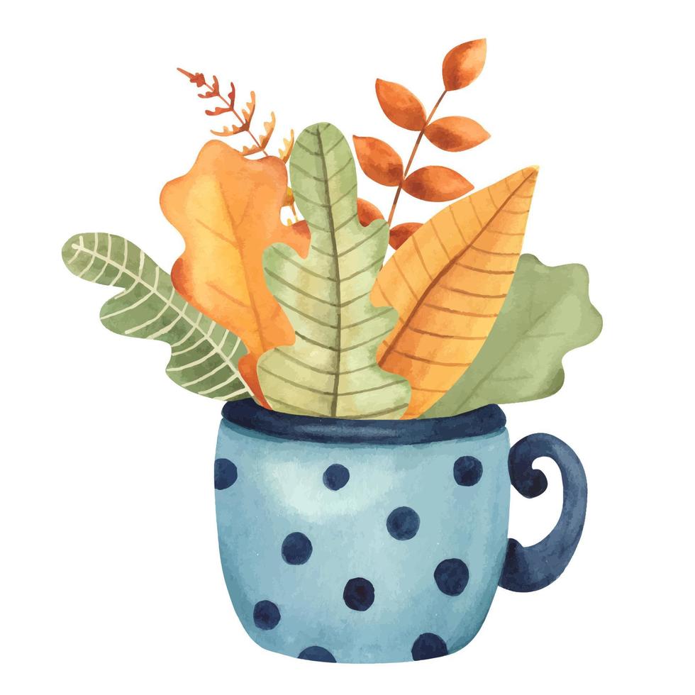 ilustración de otoño acuarela. sublimación de hojas de otoño en una taza. ramo de hojas de otoño en una taza azul. adecuado para postales e invitaciones vector