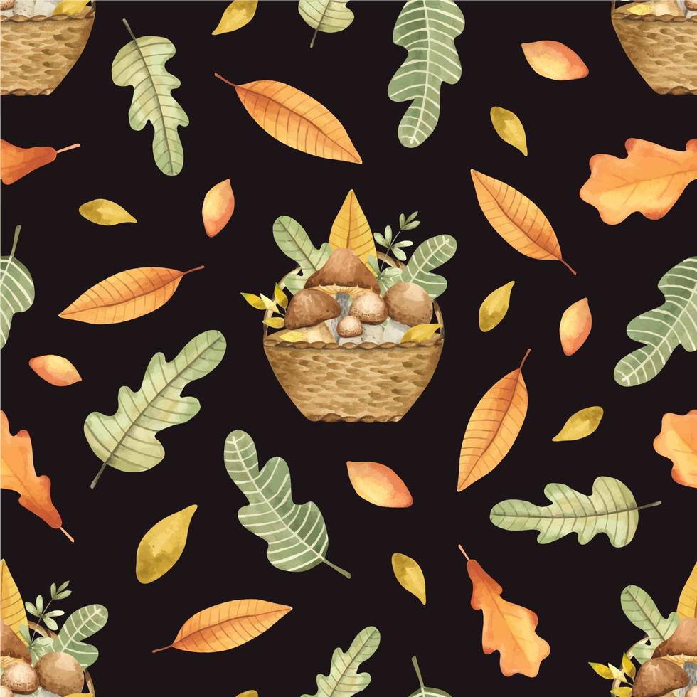 Autumn watercolor seamless pattern with a basket of mushrooms and autumn leaves. Gifts of the forest, harvesting. Watercolor wrapping paper, pattern filling, Thanksgiving, web page background. vector