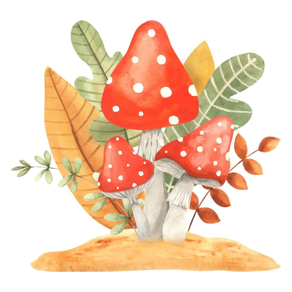 Watercolor composition of mushroom fly agaric and autumn leaves. Watercolor autumn sublimation with fly agarics and oak leaves. autumn gifts of the forest vector